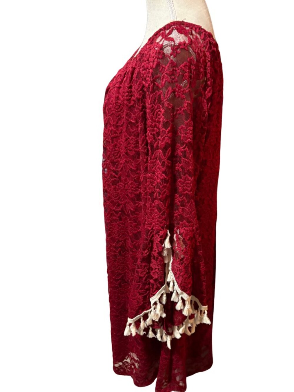 Honeyme Burgundy Lace Boho Mini Dress Bell Sleeve Tassel Trim Cottagecore Sz L